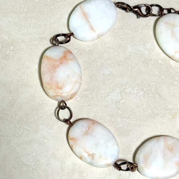 2/$20, Red Vein White Marble Bracelet, Large Genuine Gemstone + Copper Links - Picture 3 of 12